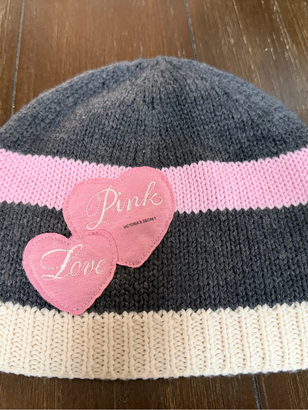 PINK Victoria's Secret Gray, Pink & Cream Striped Knit Beanie with Heart Patches